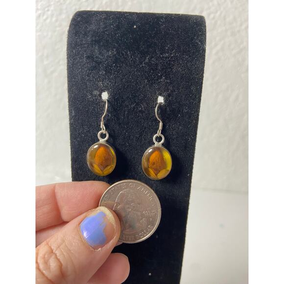 Vintage Sterling Silver Faux Amber Resin Dangle Earrings - Picture 2 of 4